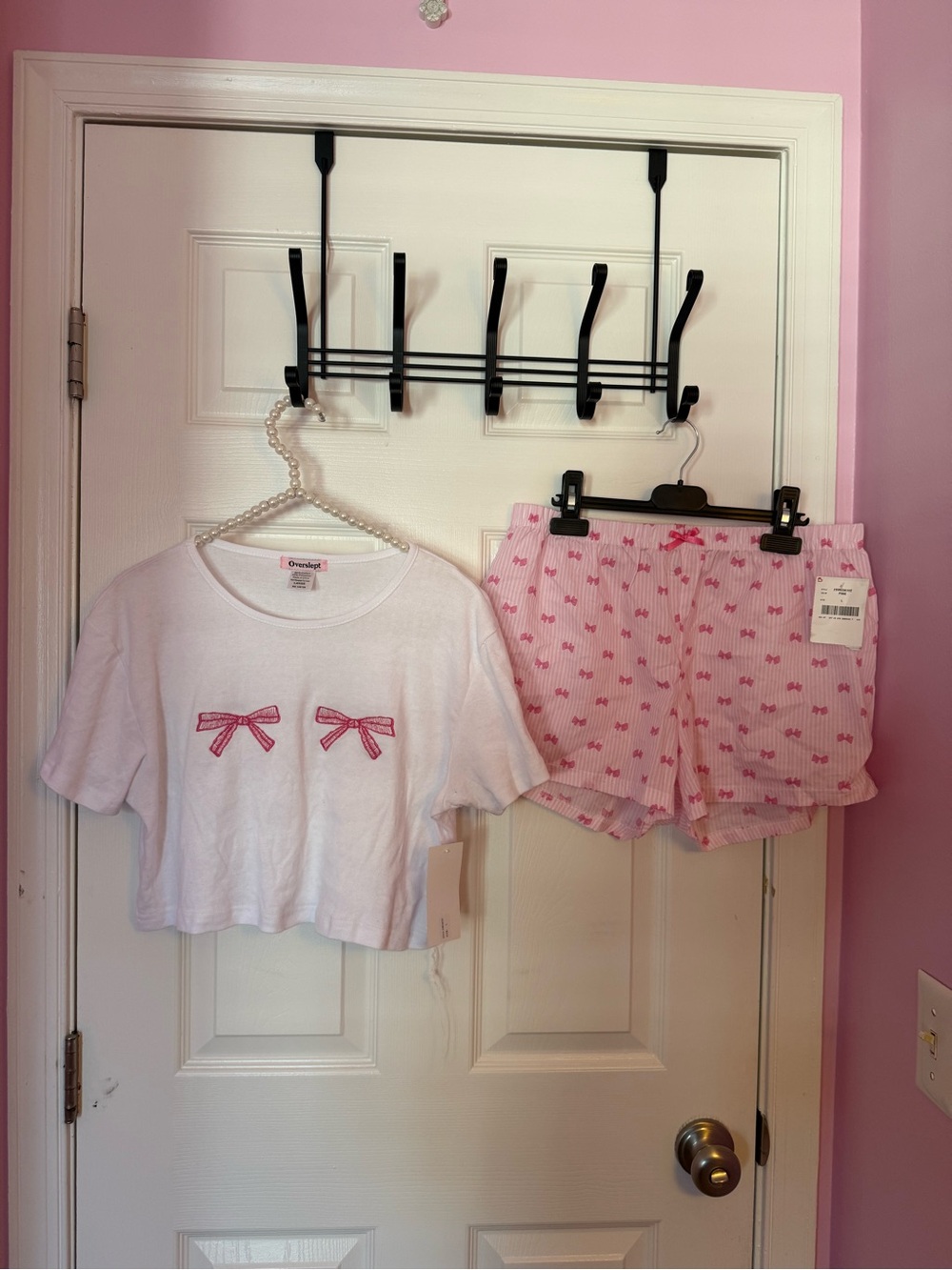Women's Pink Bow Short Pajama Set - Cute Sleep Top & Shorts